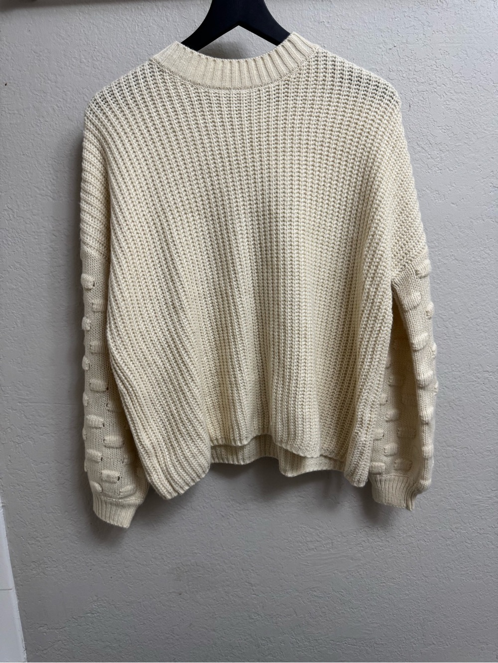 Cream Textured Crewneck Sweater with Bubble-Sleeve Detail
